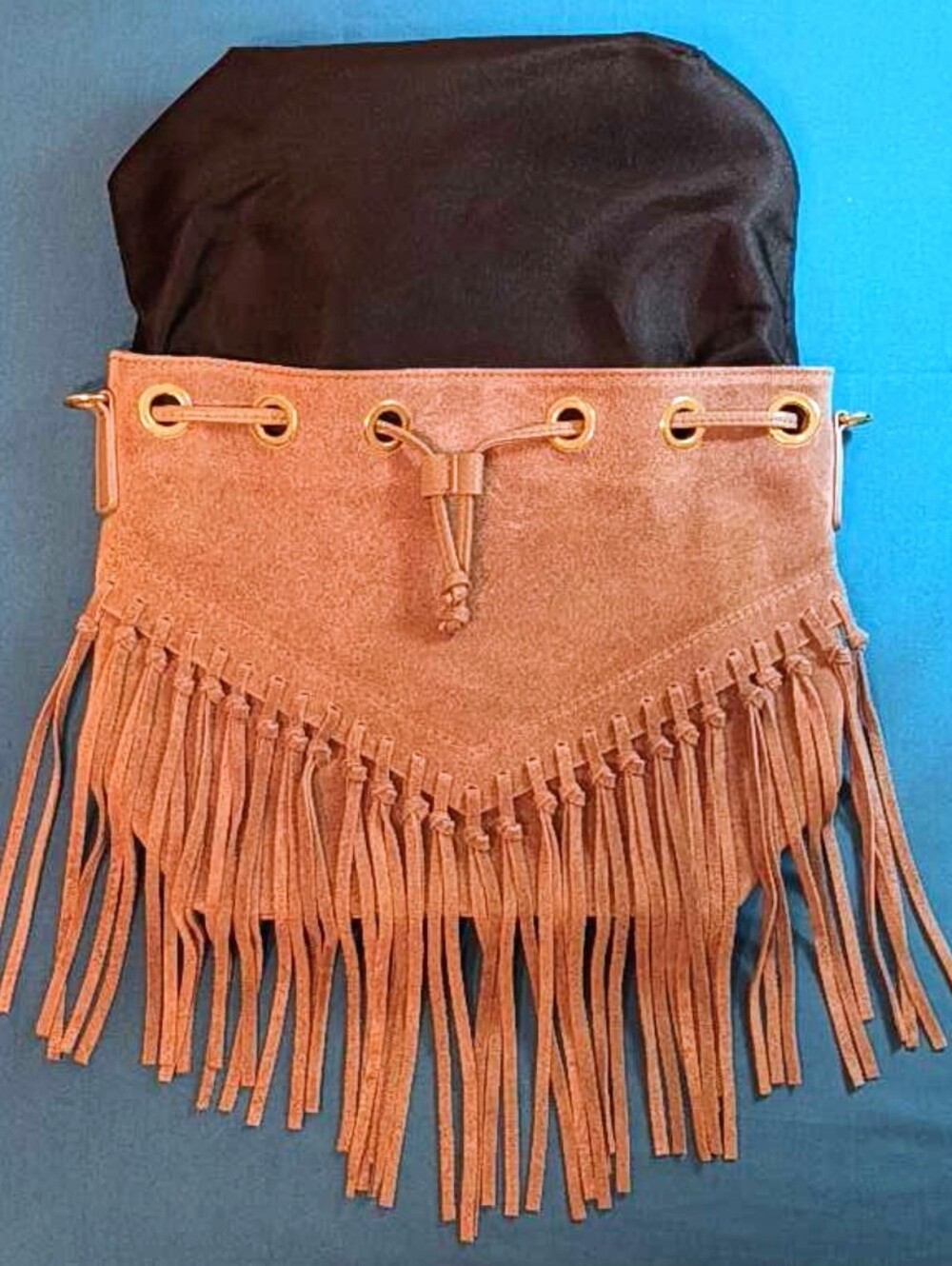Isadora Italian Leather Suede Fringe Boho Western Drawstring Bucket Shoulder Bag